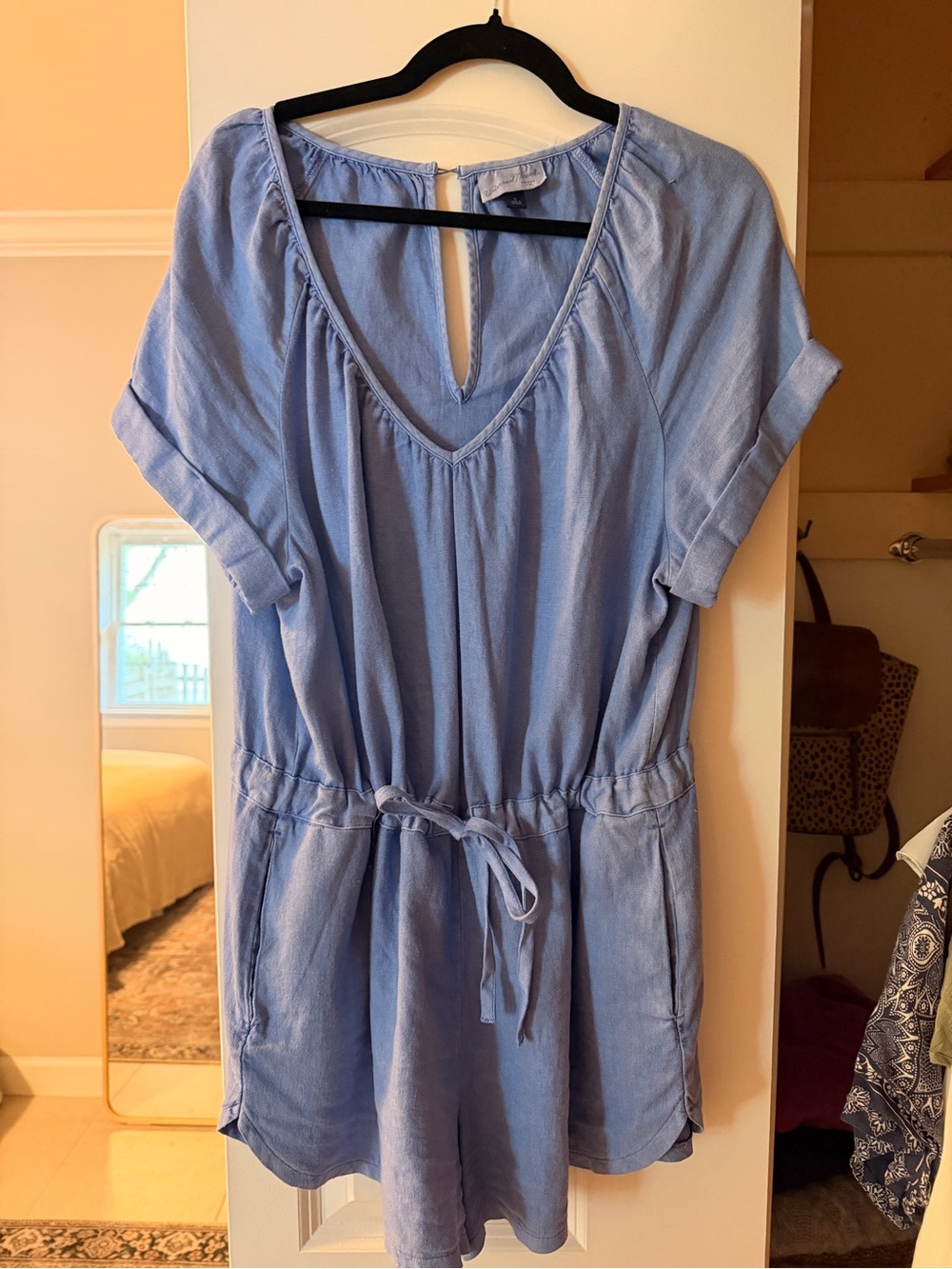 Universal Thread Light Blue V-Neck Tie-Waist Short Sleeve Romper